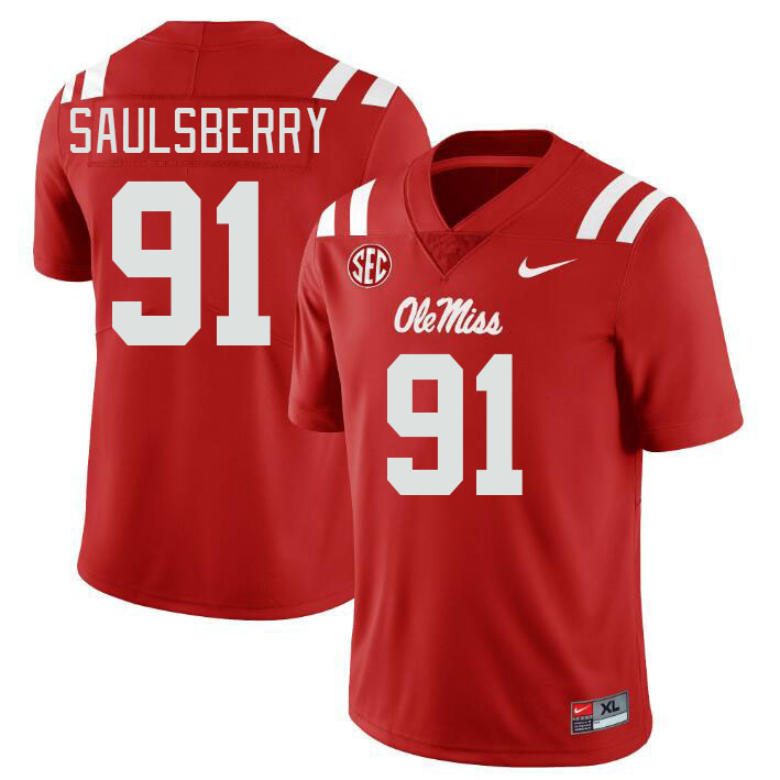 Men #91 Myles Saulsberry Ole Miss Rebels College Football Jerseyes Stitched Sale-Red